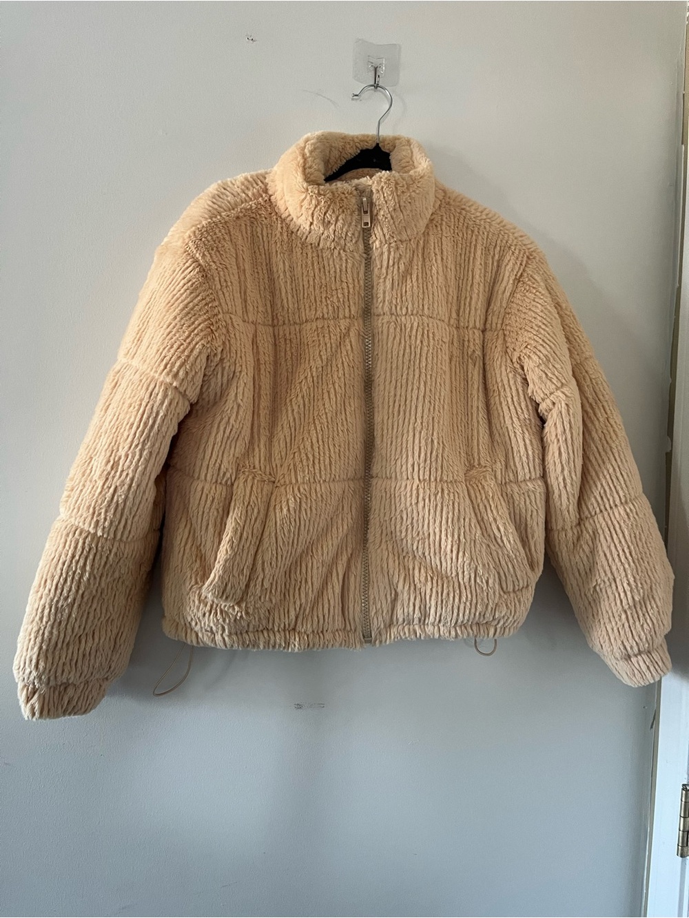 Forever 21 Cream Yellow Teddy Plush Zip Up Jacket Medium Cozy Winter Neutral